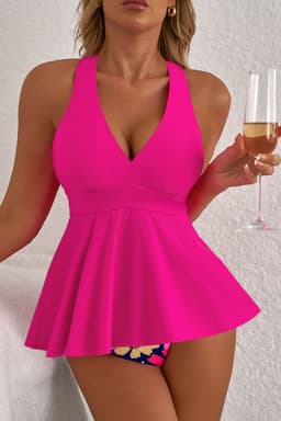 image-Rose Floral Tankini Set - V Neck Ruffled Hem Two-Piece Swimsuit