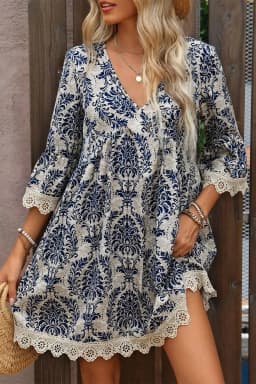 image-Vintage Printed Lace Trim V Neck 3/4 Sleeve Dress - Sky Blue