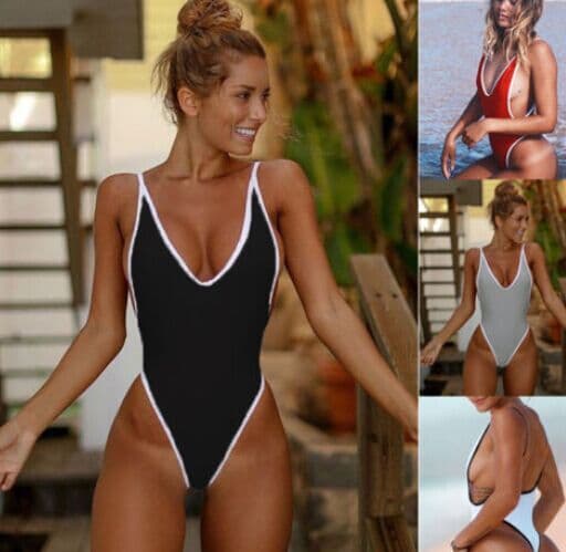 image-Summer Red White patchwork One Piece Swimsuit Sexy Thong Swimwear Women Bikinis Deep V Neck Bodysuit Monokini for women