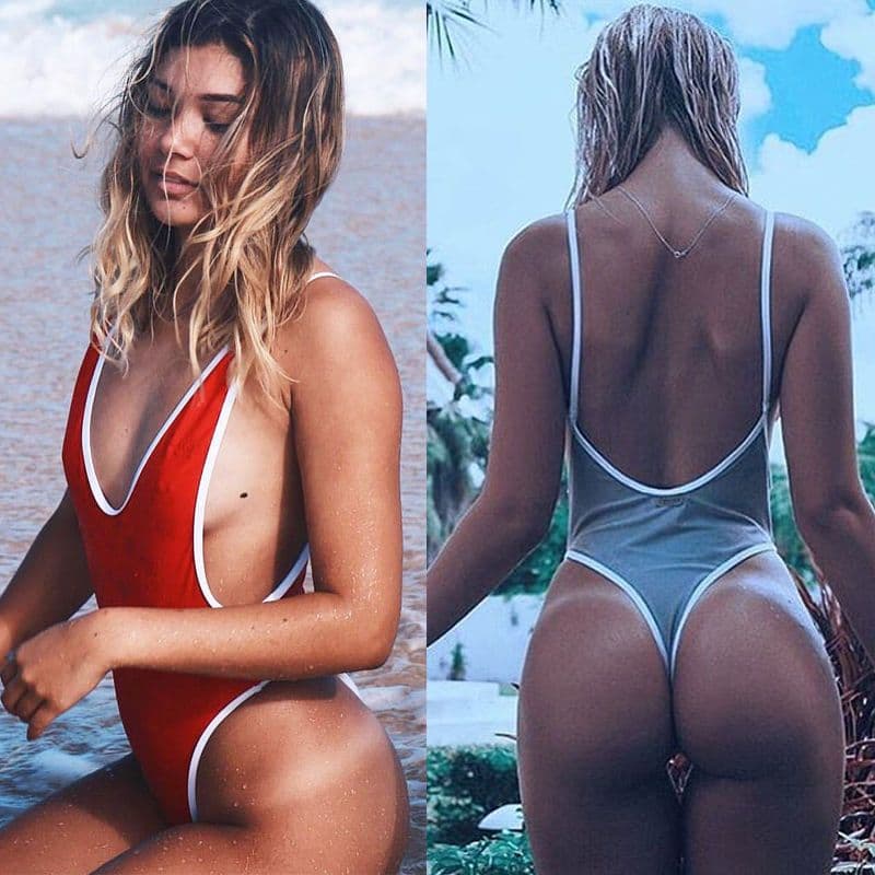 image-Summer Red White patchwork One Piece Swimsuit Sexy Thong Swimwear Women Bikinis Deep V Neck Bodysuit Monokini for women