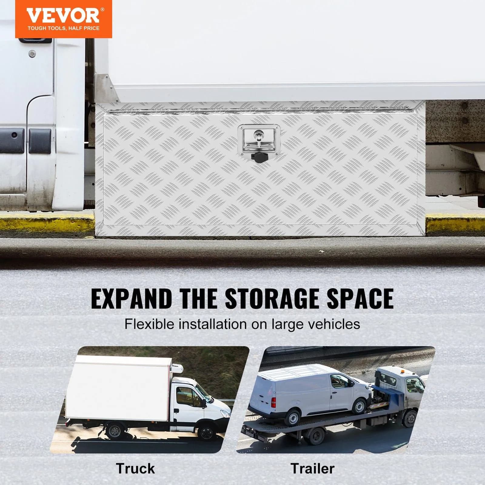image-VEVOR Underbody Truck Box, 36"×24"×24" Pickup Storage Box, Heavy Duty Aluminum Diamond Plate Tool Box with Lock and Keys, Waterproof Trailer Storage Box with T-Handle Latch for Truck, Van, Trailer