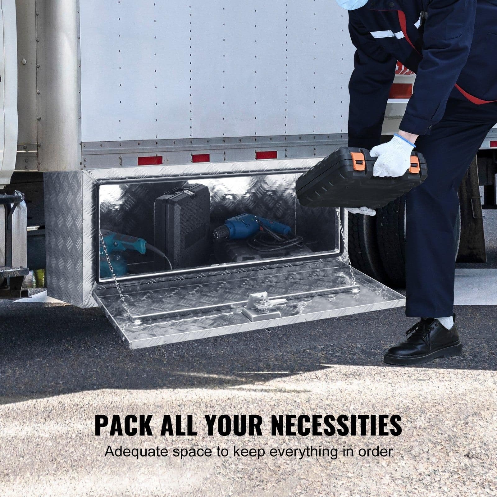 image-VEVOR Underbody Truck Box, 36"×24"×24" Pickup Storage Box, Heavy Duty Aluminum Diamond Plate Tool Box with Lock and Keys, Waterproof Trailer Storage Box with T-Handle Latch for Truck, Van, Trailer