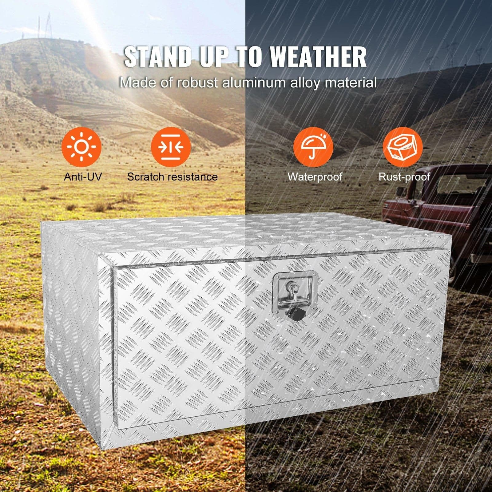 image-VEVOR Underbody Truck Box, 36"×24"×24" Pickup Storage Box, Heavy Duty Aluminum Diamond Plate Tool Box with Lock and Keys, Waterproof Trailer Storage Box with T-Handle Latch for Truck, Van, Trailer