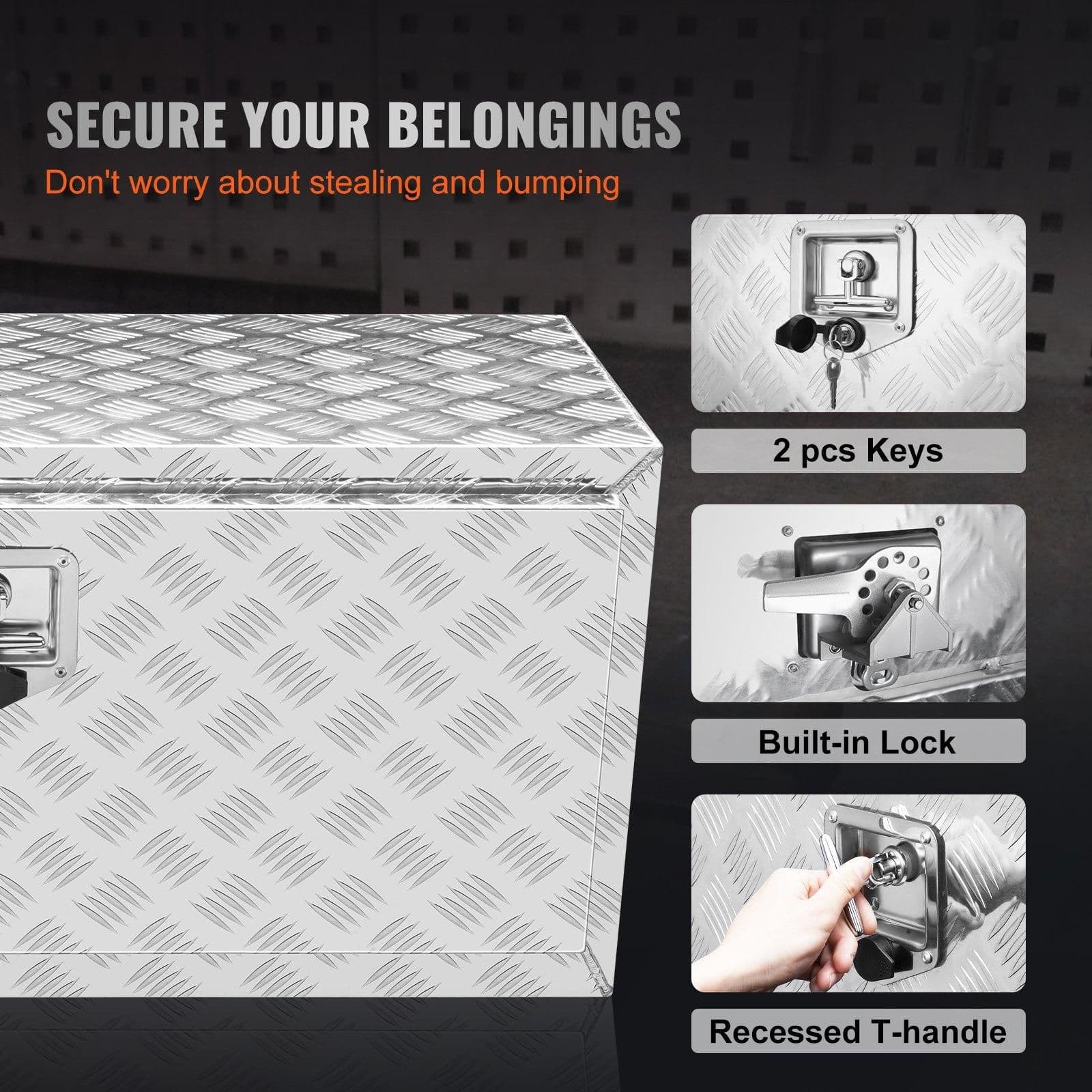 image-VEVOR Underbody Truck Box, 36"×24"×24" Pickup Storage Box, Heavy Duty Aluminum Diamond Plate Tool Box with Lock and Keys, Waterproof Trailer Storage Box with T-Handle Latch for Truck, Van, Trailer