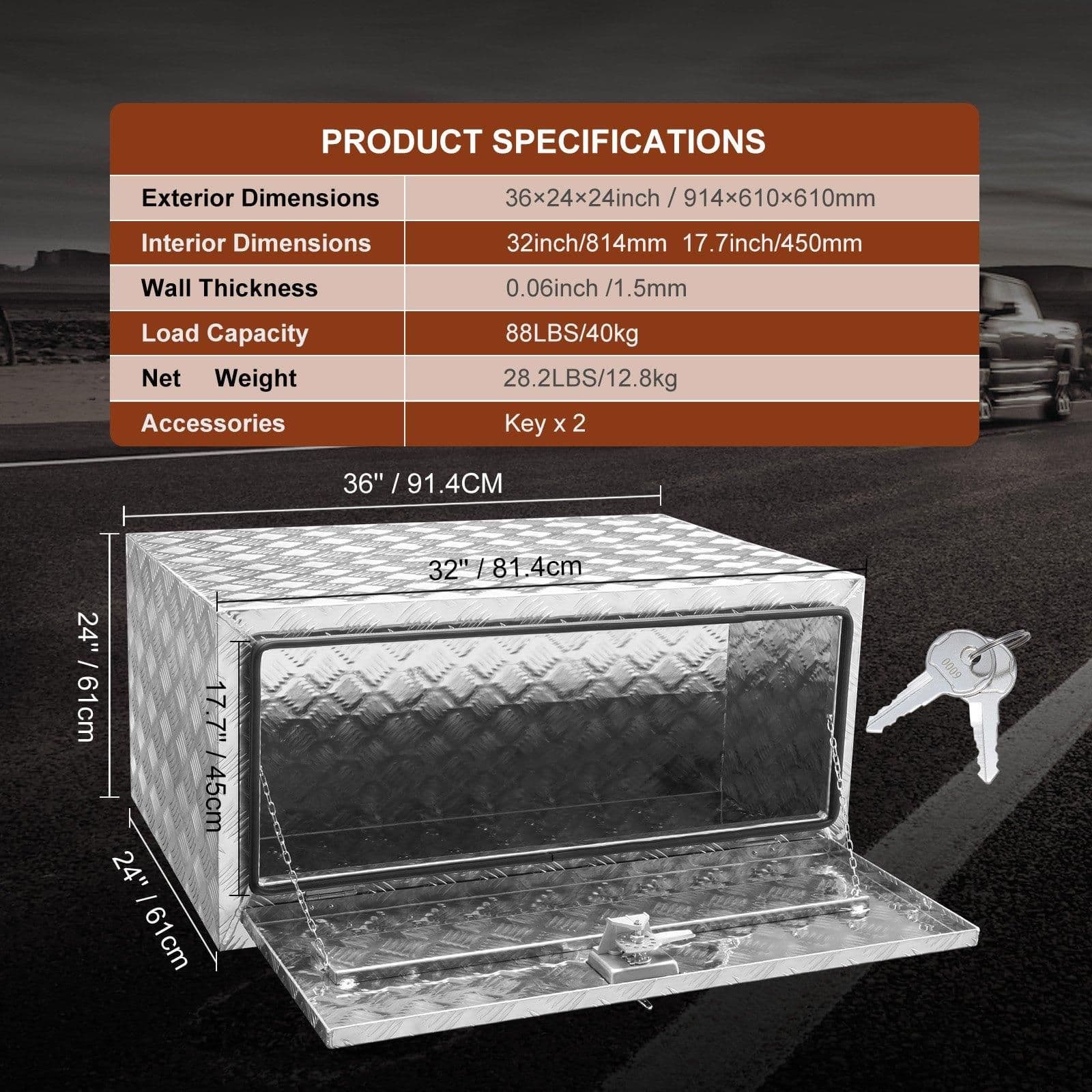 image-VEVOR Underbody Truck Box, 36"×24"×24" Pickup Storage Box, Heavy Duty Aluminum Diamond Plate Tool Box with Lock and Keys, Waterproof Trailer Storage Box with T-Handle Latch for Truck, Van, Trailer