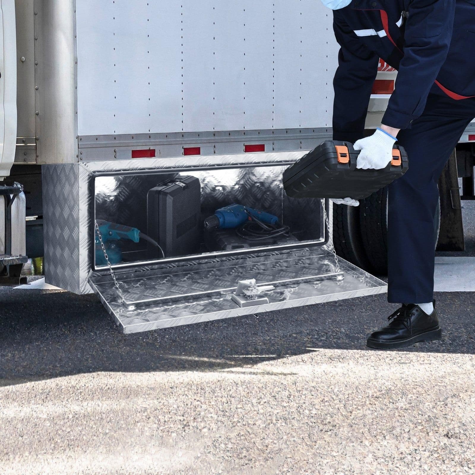 image-VEVOR Underbody Truck Box, 36"×24"×24" Pickup Storage Box, Heavy Duty Aluminum Diamond Plate Tool Box with Lock and Keys, Waterproof Trailer Storage Box with T-Handle Latch for Truck, Van, Trailer
