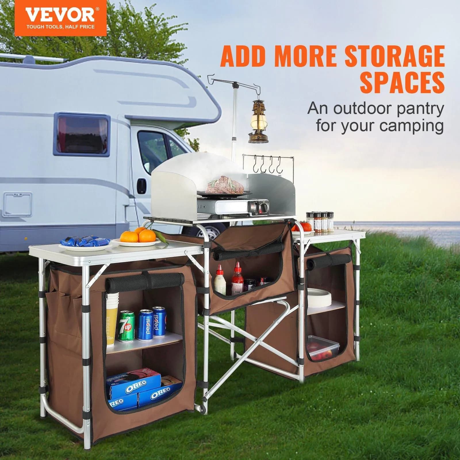 image-VEVOR Camping Kitchen Table, Folding Outdoor Cooking Table with Storage Carrying Bag, Aluminum Cook Station 3 Cupboard & Detachable Windscreen, Quick Set-up for Picnics, BBQ, RV Traveling, Brown