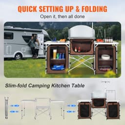 image-VEVOR Camping Kitchen Table, Folding Outdoor Cooking Table with Storage Carrying Bag, Aluminum Cook Station 3 Cupboard & Detachable Windscreen, Quick Set-up for Picnics, BBQ, RV Traveling, Brown