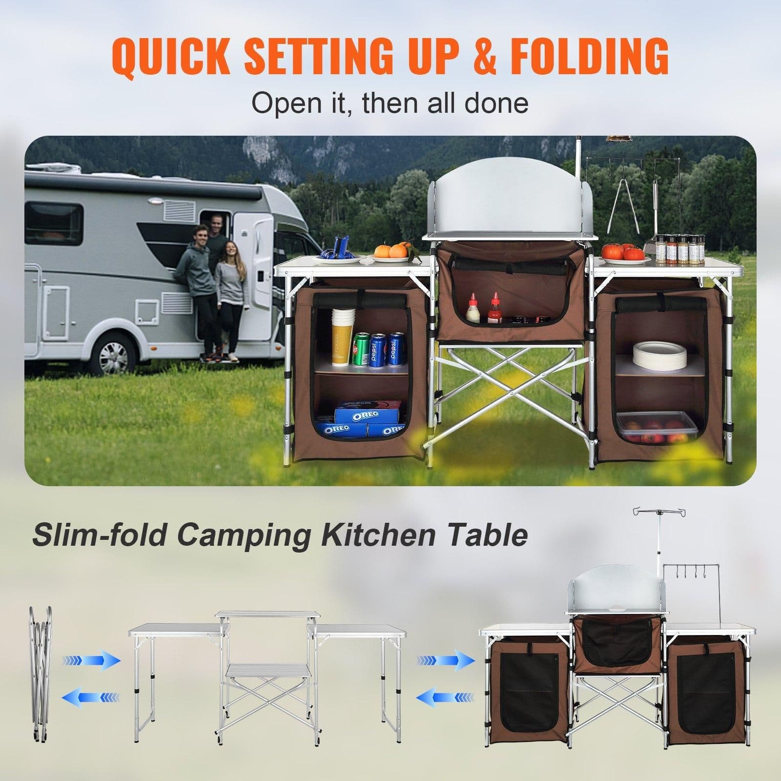 image-VEVOR Camping Kitchen Table, Folding Outdoor Cooking Table with Storage Carrying Bag, Aluminum Cook Station 3 Cupboard & Detachable Windscreen, Quick Set-up for Picnics, BBQ, RV Traveling, Brown