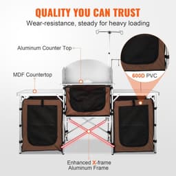 image-VEVOR Camping Kitchen Table, Folding Outdoor Cooking Table with Storage Carrying Bag, Aluminum Cook Station 3 Cupboard & Detachable Windscreen, Quick Set-up for Picnics, BBQ, RV Traveling, Brown
