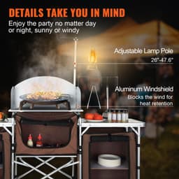 image-VEVOR Camping Kitchen Table, Folding Outdoor Cooking Table with Storage Carrying Bag, Aluminum Cook Station 3 Cupboard & Detachable Windscreen, Quick Set-up for Picnics, BBQ, RV Traveling, Brown