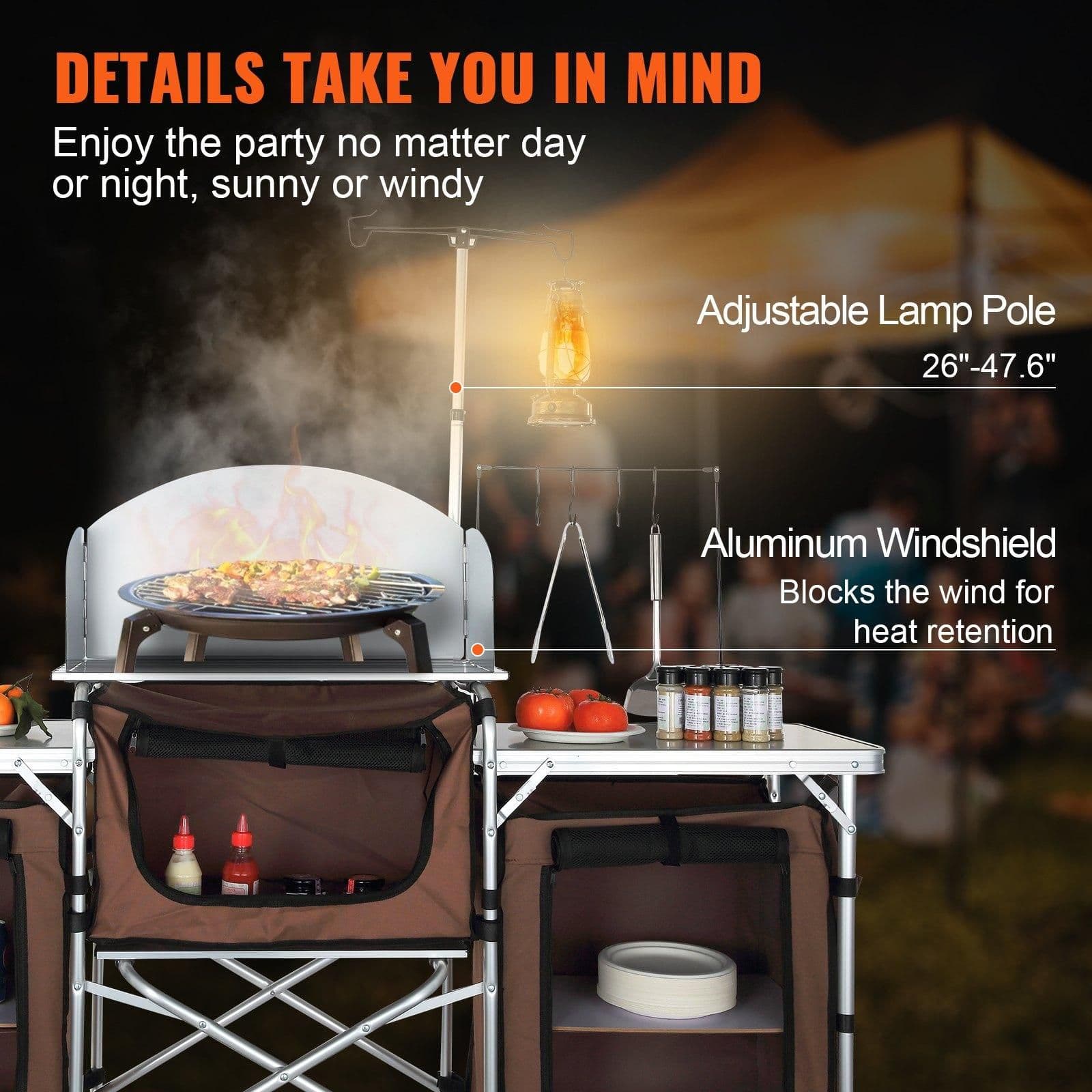 image-VEVOR Camping Kitchen Table, Folding Outdoor Cooking Table with Storage Carrying Bag, Aluminum Cook Station 3 Cupboard & Detachable Windscreen, Quick Set-up for Picnics, BBQ, RV Traveling, Brown