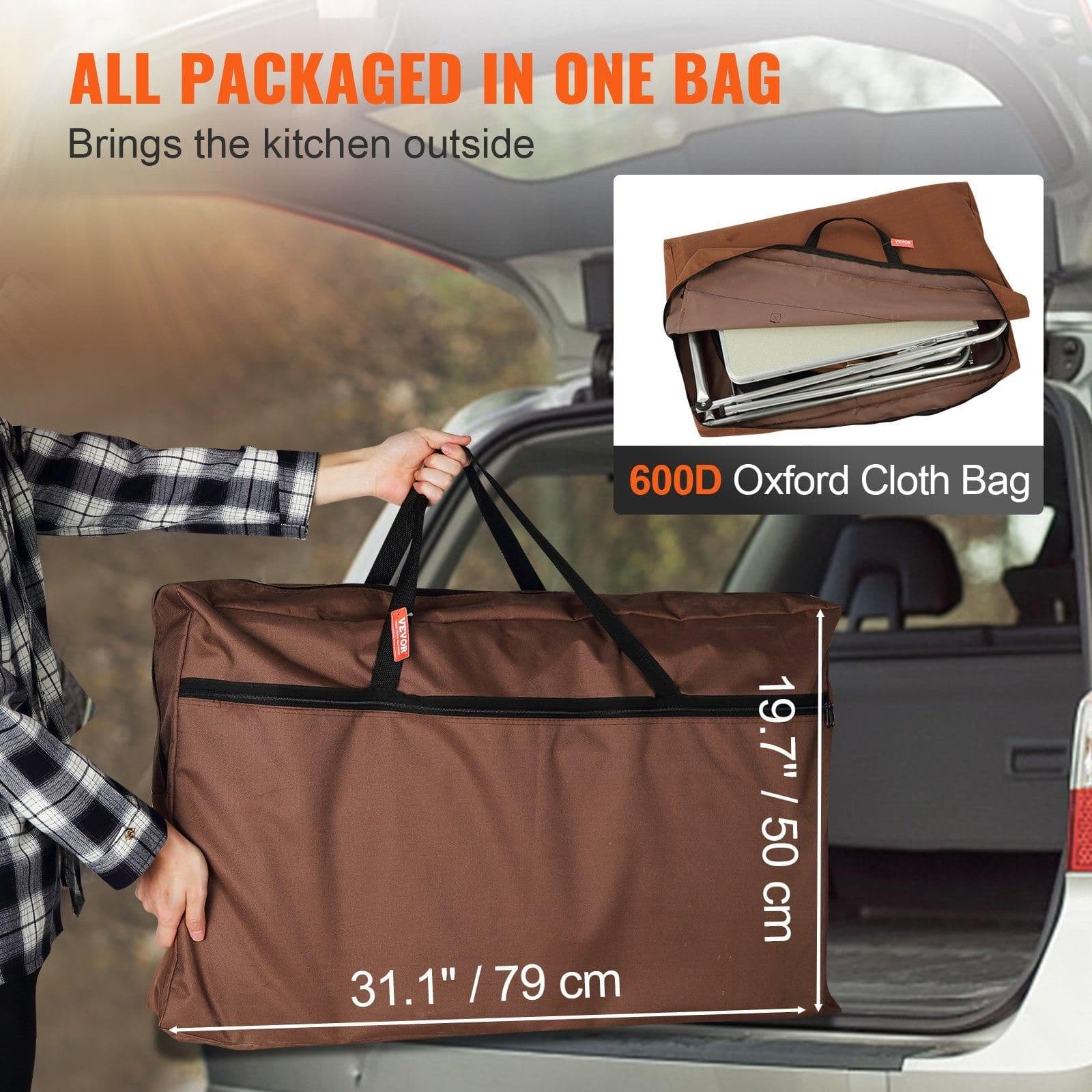 image-VEVOR Camping Kitchen Table, Folding Outdoor Cooking Table with Storage Carrying Bag, Aluminum Cook Station 3 Cupboard & Detachable Windscreen, Quick Set-up for Picnics, BBQ, RV Traveling, Brown