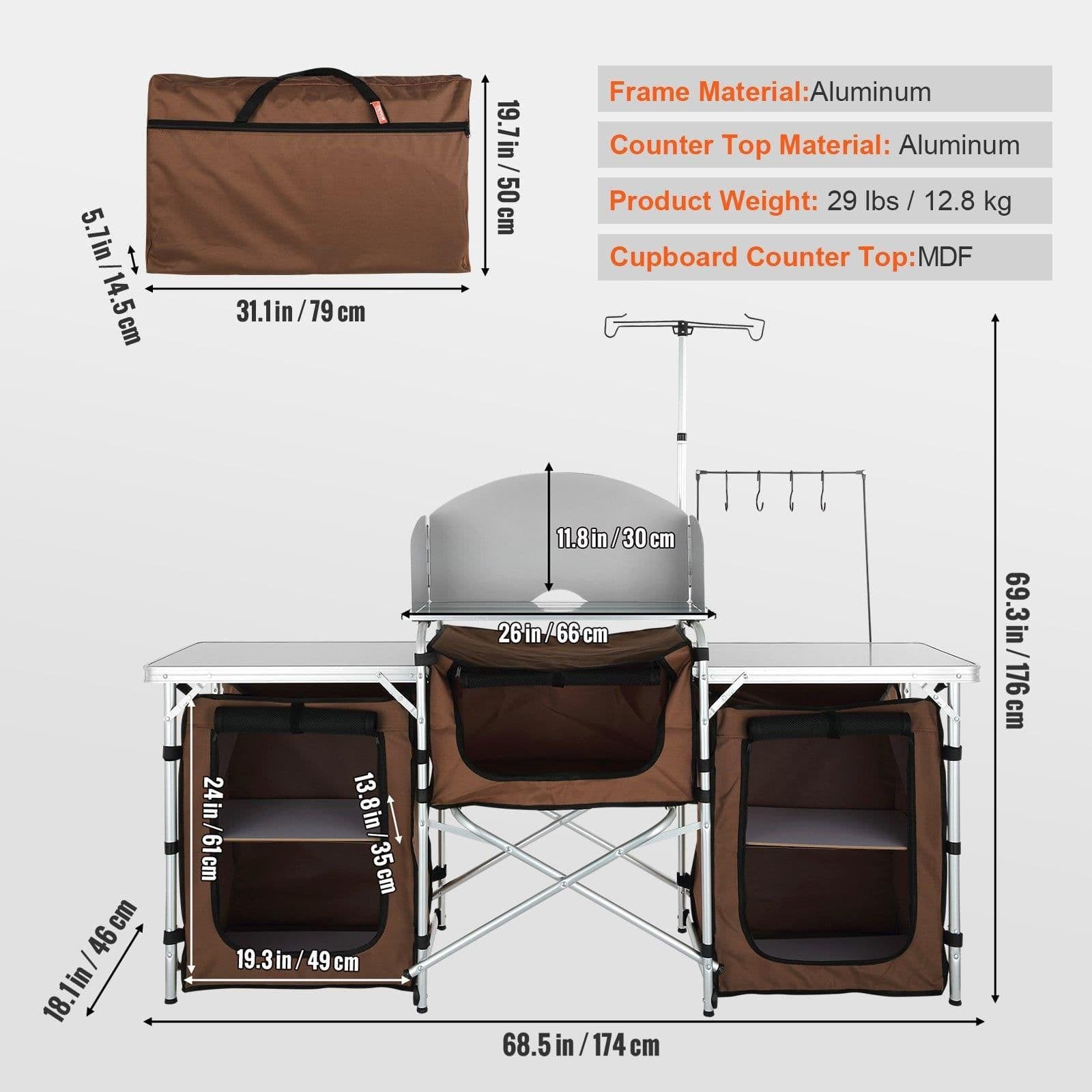image-VEVOR Camping Kitchen Table, Folding Outdoor Cooking Table with Storage Carrying Bag, Aluminum Cook Station 3 Cupboard & Detachable Windscreen, Quick Set-up for Picnics, BBQ, RV Traveling, Brown