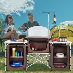 image-VEVOR Camping Kitchen Table, Folding Outdoor Cooking Table with Storage Carrying Bag, Aluminum Cook Station 3 Cupboard & Detachable Windscreen, Quick Set-up for Picnics, BBQ, RV Traveling, Brown