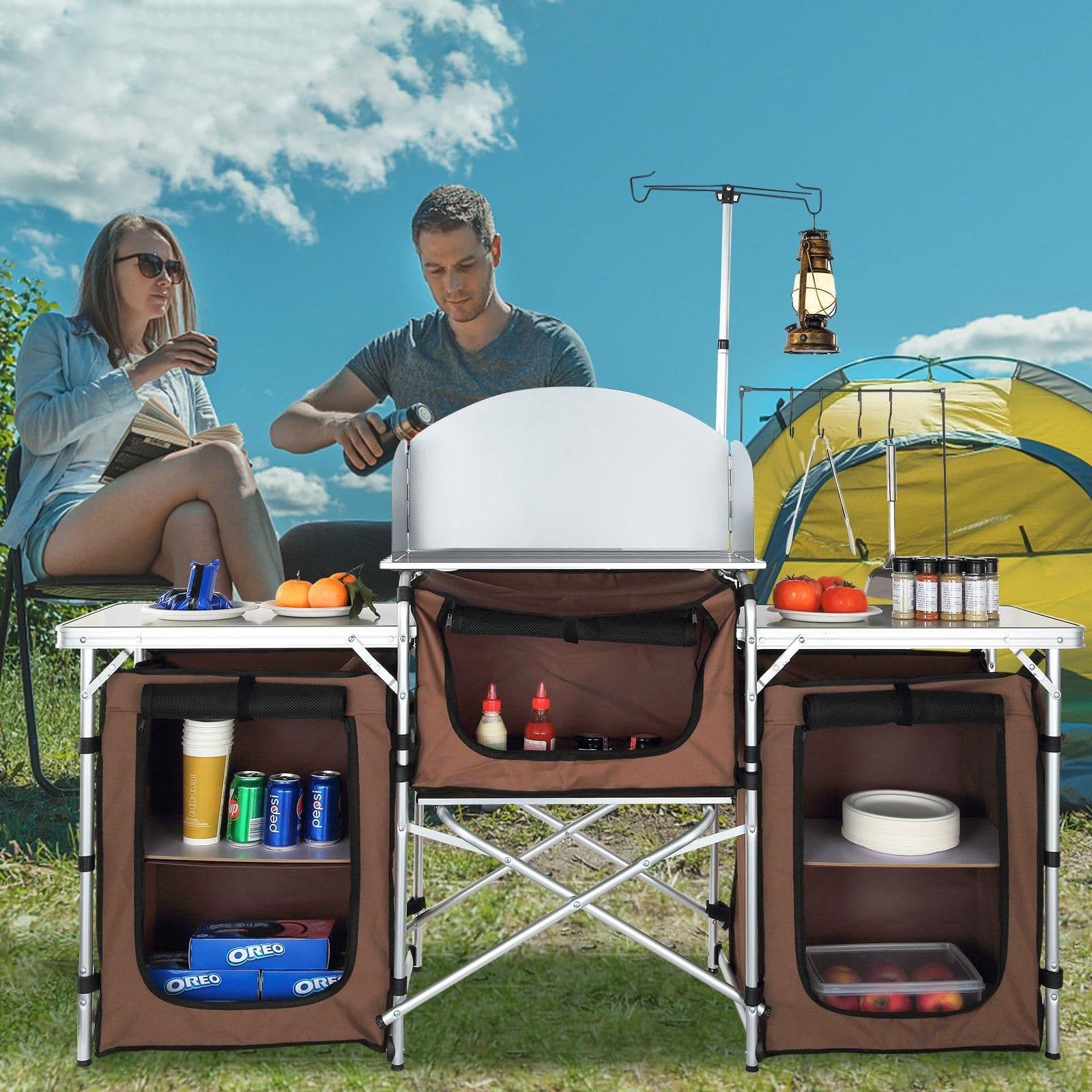 image-VEVOR Camping Kitchen Table, Folding Outdoor Cooking Table with Storage Carrying Bag, Aluminum Cook Station 3 Cupboard & Detachable Windscreen, Quick Set-up for Picnics, BBQ, RV Traveling, Brown