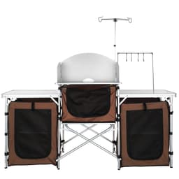 image-VEVOR Camping Kitchen Table, Folding Outdoor Cooking Table with Storage Carrying Bag, Aluminum Cook Station 3 Cupboard & Detachable Windscreen, Quick Set-up for Picnics, BBQ, RV Traveling, Brown