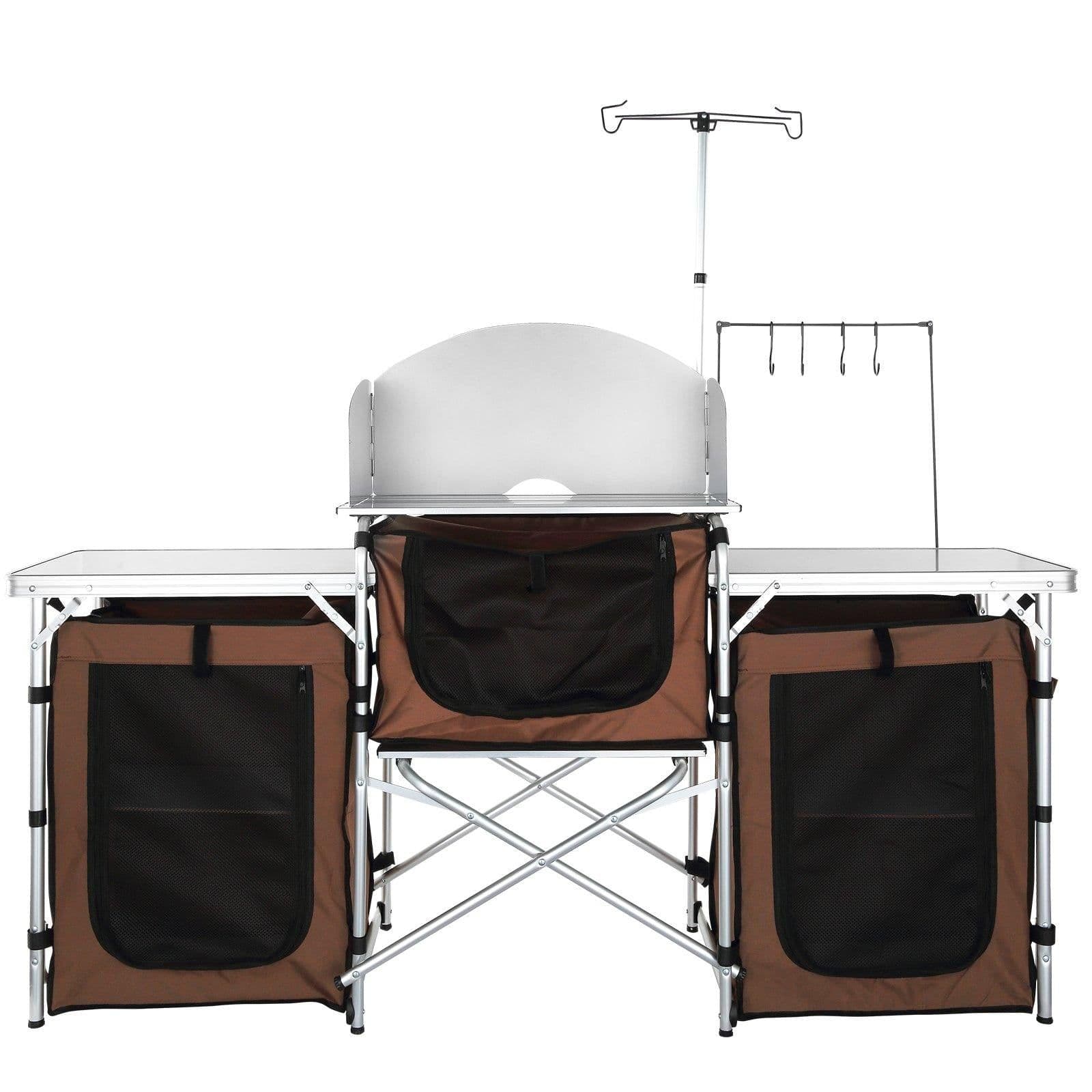 image-VEVOR Camping Kitchen Table, Folding Outdoor Cooking Table with Storage Carrying Bag, Aluminum Cook Station 3 Cupboard & Detachable Windscreen, Quick Set-up for Picnics, BBQ, RV Traveling, Brown