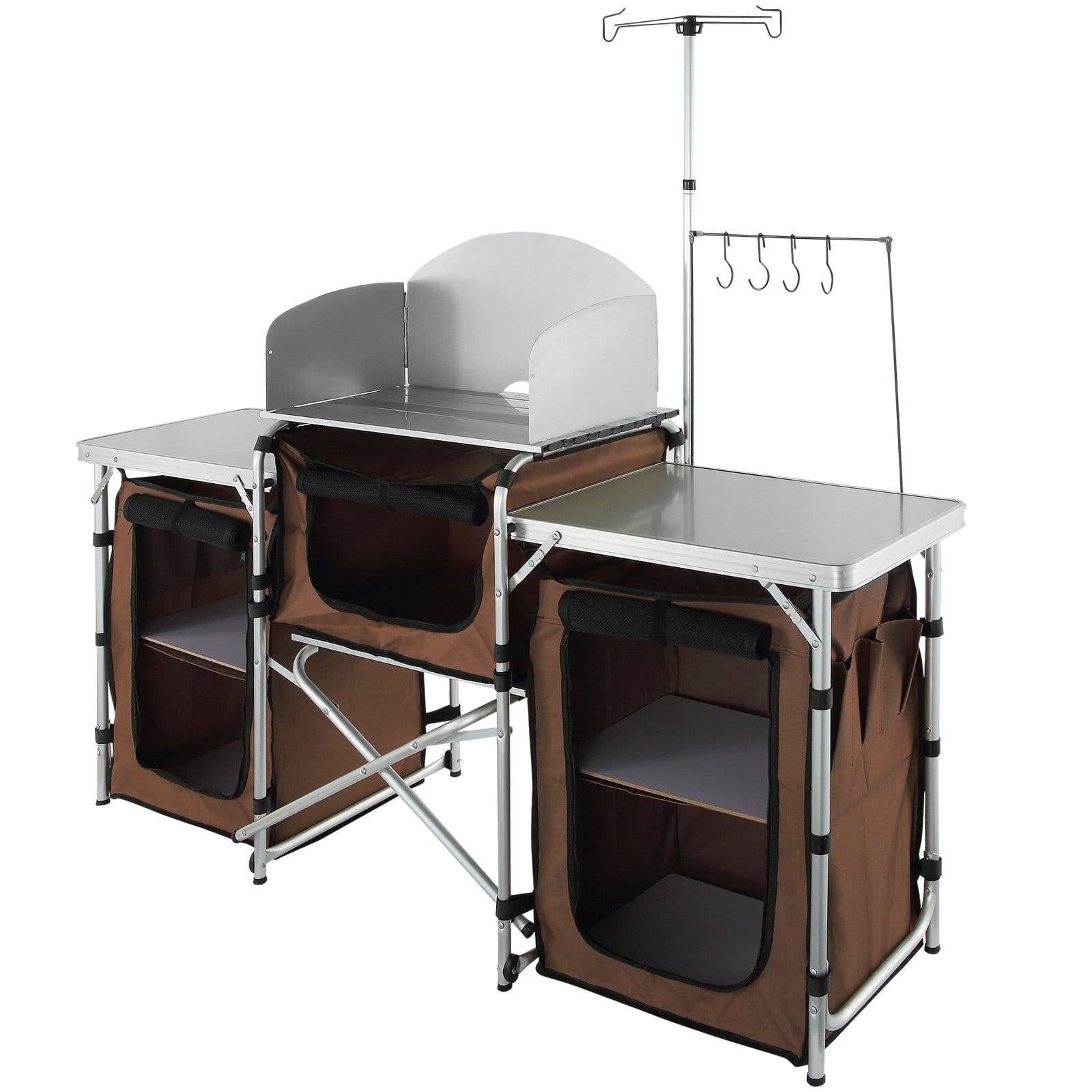 image-VEVOR Camping Kitchen Table, Folding Outdoor Cooking Table with Storage Carrying Bag, Aluminum Cook Station 3 Cupboard & Detachable Windscreen, Quick Set-up for Picnics, BBQ, RV Traveling, Brown