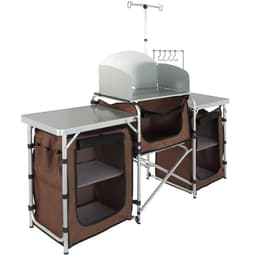 image-VEVOR Camping Kitchen Table, Folding Outdoor Cooking Table with Storage Carrying Bag, Aluminum Cook Station 3 Cupboard & Detachable Windscreen, Quick Set-up for Picnics, BBQ, RV Traveling, Brown