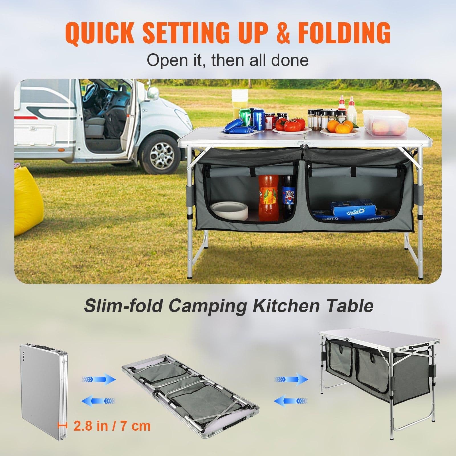 image-VEVOR Camping Kitchen Table, Quick set-up Folding Camping Table with A Carrying Bag, 3 Adjustable Heights, MDF Camping Table, Ideal for Outdoor Picnics, BBQs, Camping, RV Traveling
