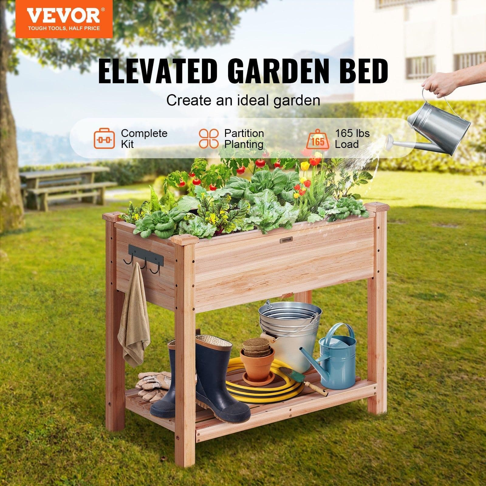 image-VEVOR Raised Garden Bed, 34 x 18 x 30 in Wooden Planter Box, Elevated Outdoor Planting Boxes with Legs, for Growing Flowers/Vegetables/Herbs in Backyard/Garden/Patio/Balcony, Burlywood