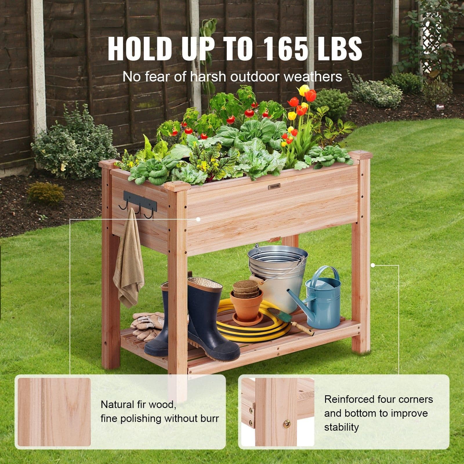 image-VEVOR Raised Garden Bed, 34 x 18 x 30 in Wooden Planter Box, Elevated Outdoor Planting Boxes with Legs, for Growing Flowers/Vegetables/Herbs in Backyard/Garden/Patio/Balcony, Burlywood