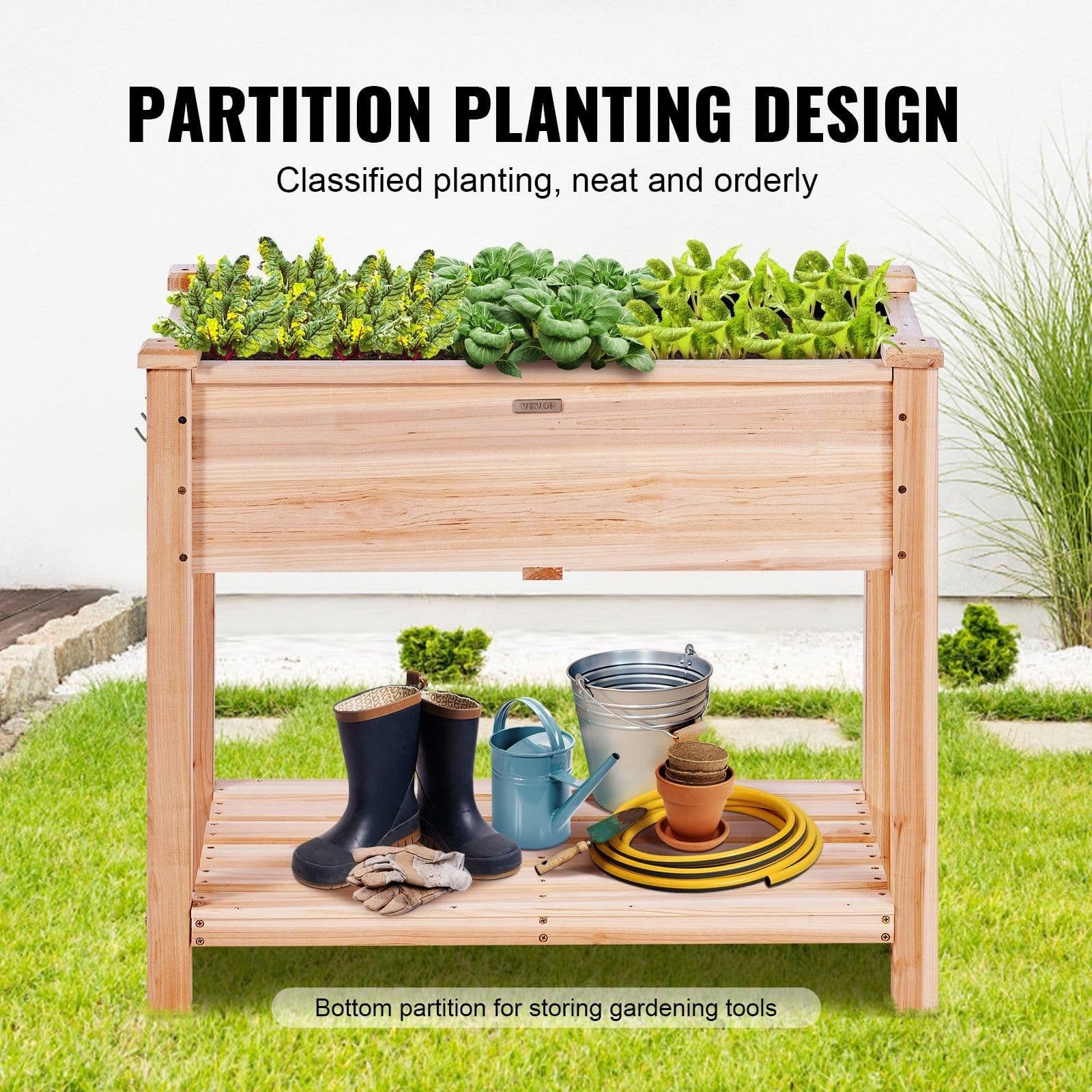 image-VEVOR Raised Garden Bed, 34 x 18 x 30 in Wooden Planter Box, Elevated Outdoor Planting Boxes with Legs, for Growing Flowers/Vegetables/Herbs in Backyard/Garden/Patio/Balcony, Burlywood