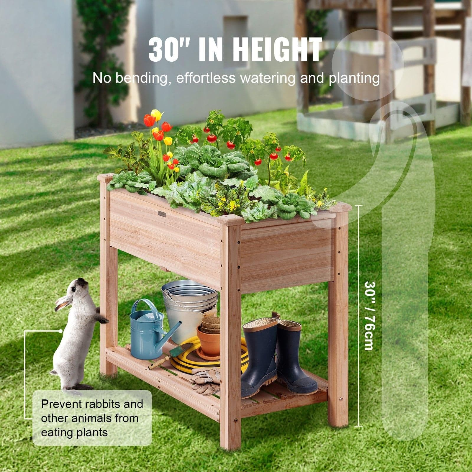 image-VEVOR Raised Garden Bed, 34 x 18 x 30 in Wooden Planter Box, Elevated Outdoor Planting Boxes with Legs, for Growing Flowers/Vegetables/Herbs in Backyard/Garden/Patio/Balcony, Burlywood