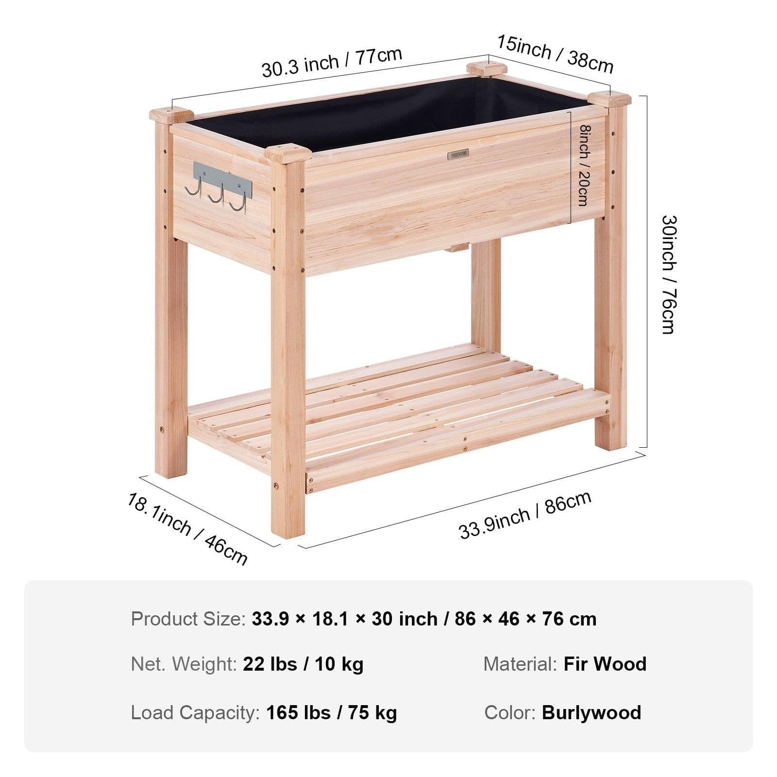 image-VEVOR Raised Garden Bed, 34 x 18 x 30 in Wooden Planter Box, Elevated Outdoor Planting Boxes with Legs, for Growing Flowers/Vegetables/Herbs in Backyard/Garden/Patio/Balcony, Burlywood
