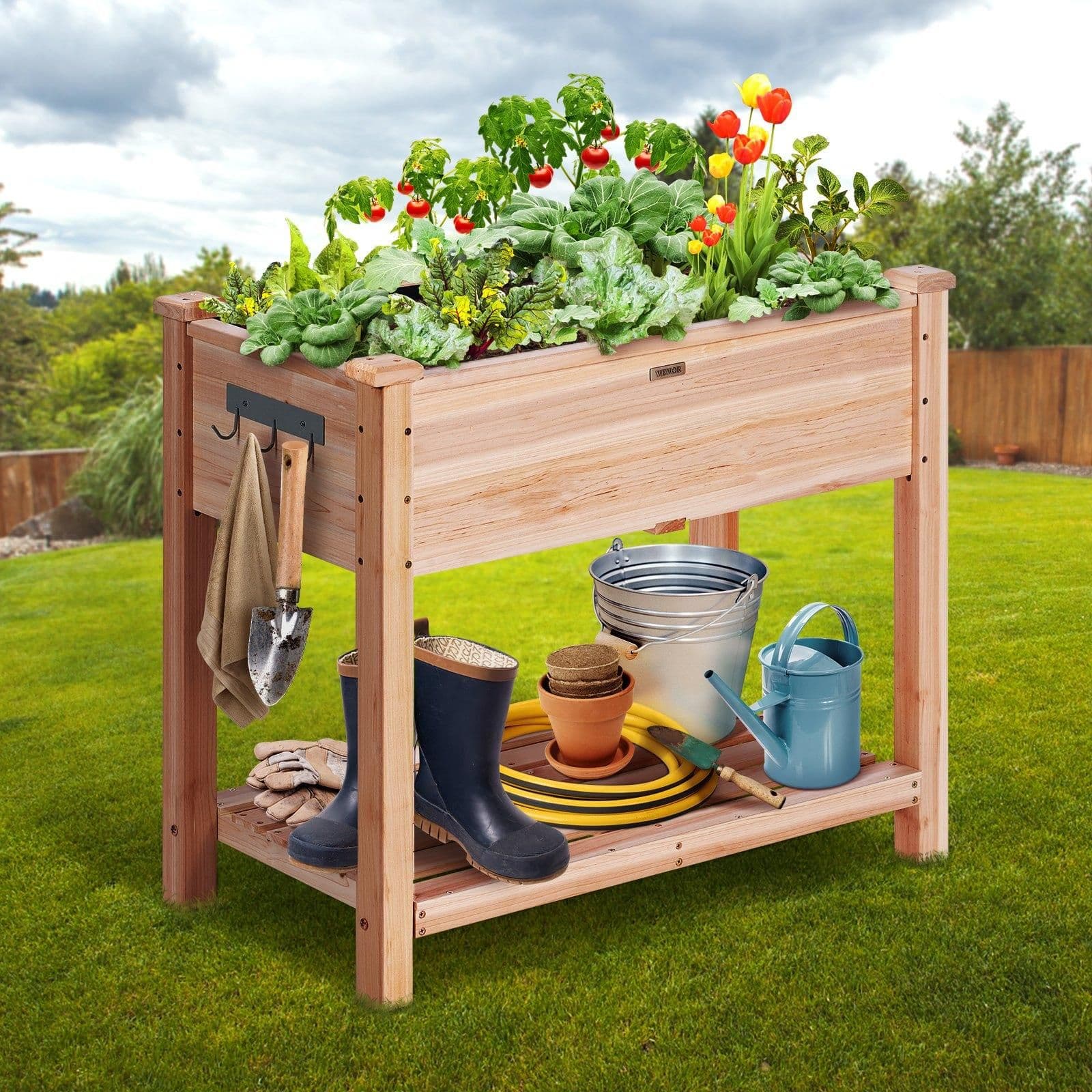 image-VEVOR Raised Garden Bed, 34 x 18 x 30 in Wooden Planter Box, Elevated Outdoor Planting Boxes with Legs, for Growing Flowers/Vegetables/Herbs in Backyard/Garden/Patio/Balcony, Burlywood