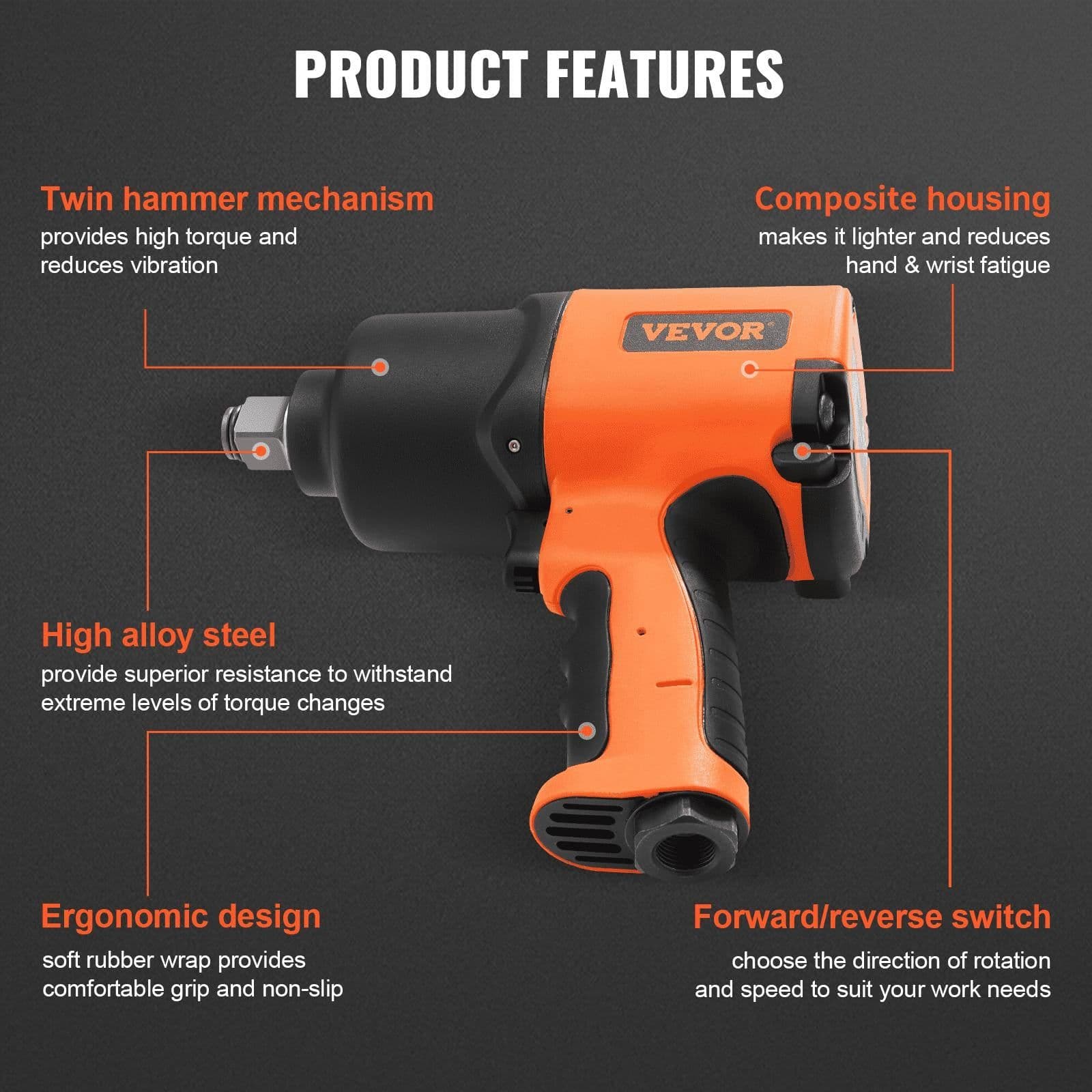 image-VEVOR Air Impact Wrench, 3/4-Inch Drive Air Impact Gun, Up to 1870ft-lbs Nut-busting Torque, Composite Pneumatic Impact Wrench for Auto Repairs and Maintenance Heavy Duty