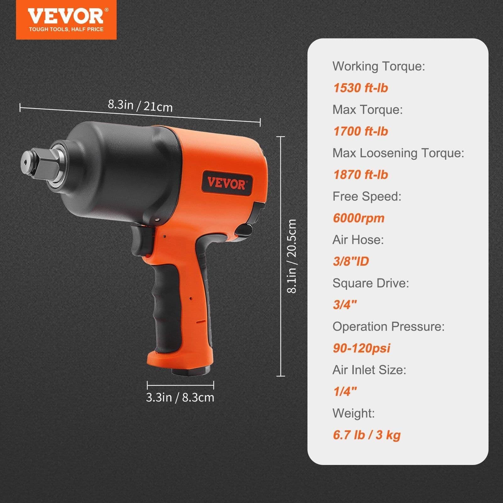 image-VEVOR Air Impact Wrench, 3/4-Inch Drive Air Impact Gun, Up to 1870ft-lbs Nut-busting Torque, Composite Pneumatic Impact Wrench for Auto Repairs and Maintenance Heavy Duty