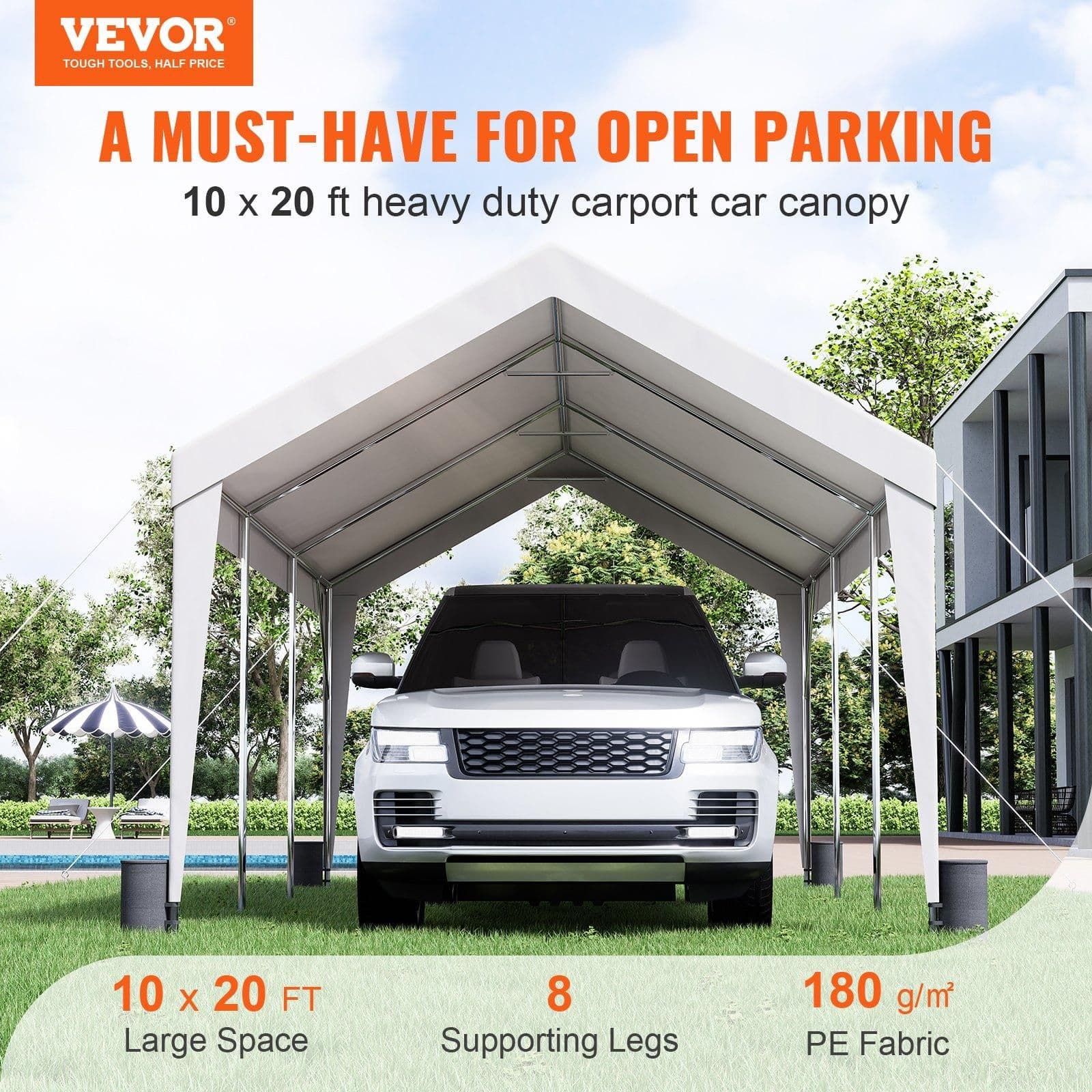 image-VEVOR Carport, 10x20 ft Heavy Duty Car Canopy Garage Boat Shelter Party Tent with 8 Reinforced Poles and 4 Weight Bags, UV Resistant Waterproof All-Season Tarp for SUV, F150, Car, Truck, Boat