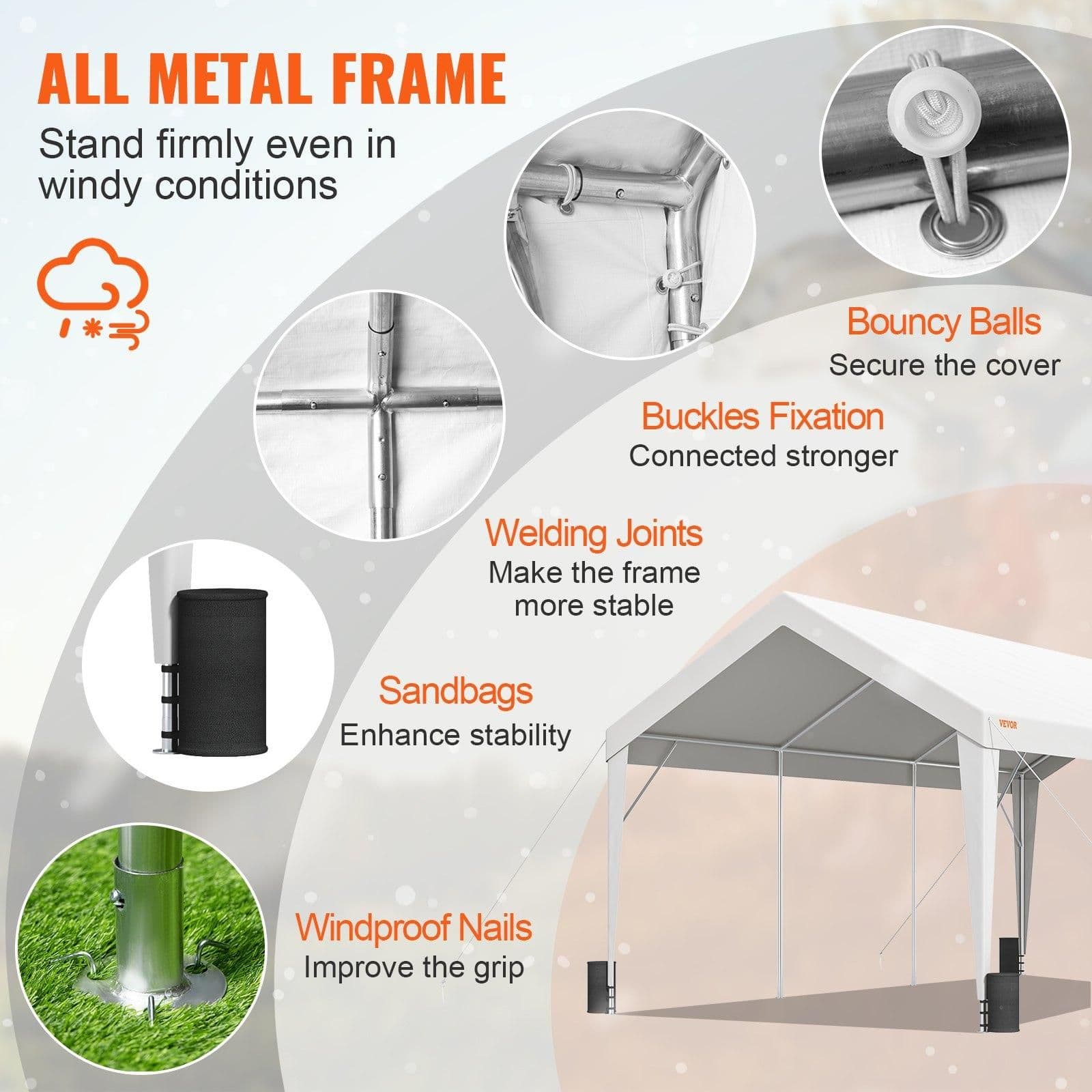 image-VEVOR Carport, 10x20 ft Heavy Duty Car Canopy Garage Boat Shelter Party Tent with 8 Reinforced Poles and 4 Weight Bags, UV Resistant Waterproof All-Season Tarp for SUV, F150, Car, Truck, Boat