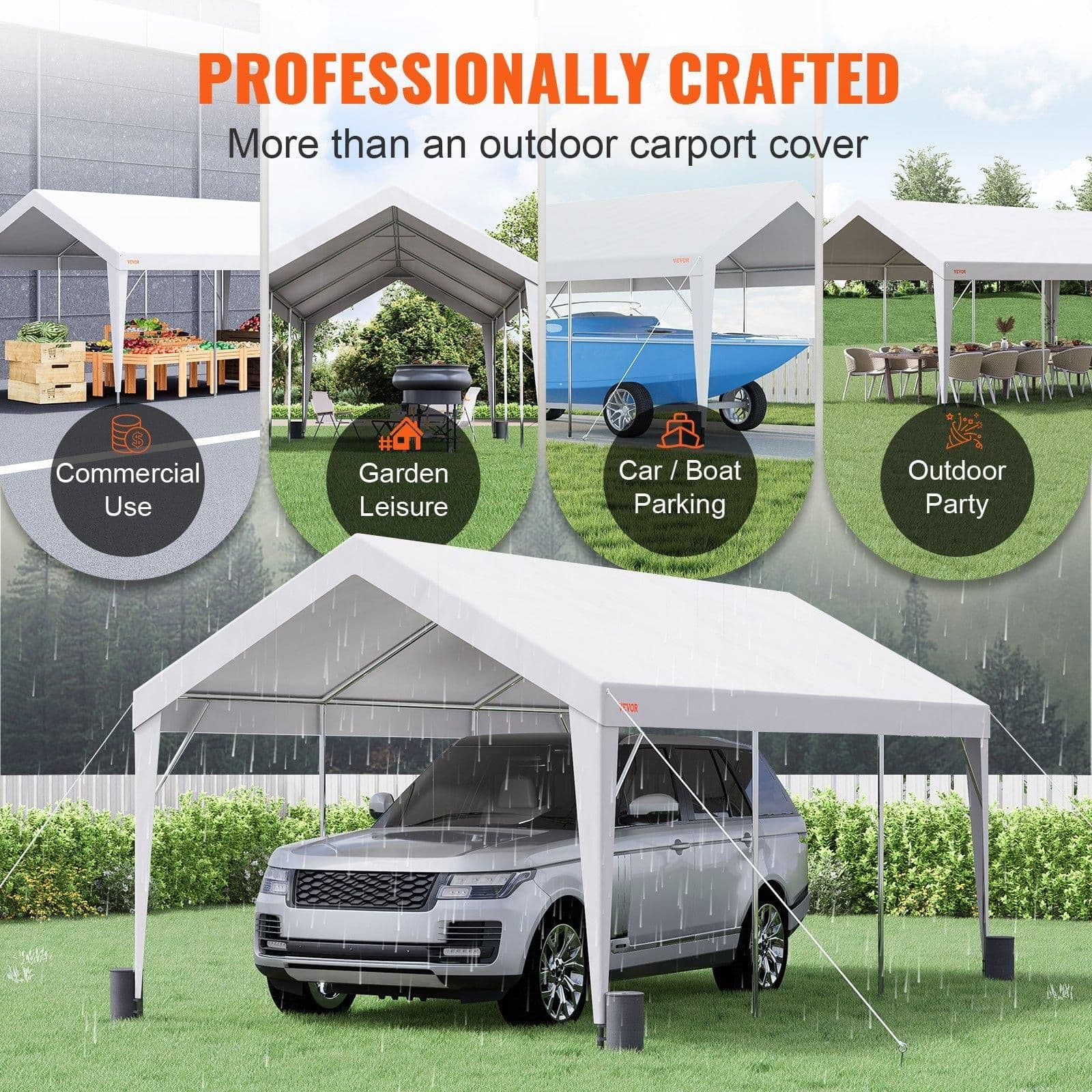 image-VEVOR Carport, 10x20 ft Heavy Duty Car Canopy Garage Boat Shelter Party Tent with 8 Reinforced Poles and 4 Weight Bags, UV Resistant Waterproof All-Season Tarp for SUV, F150, Car, Truck, Boat