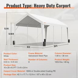 image-VEVOR Carport, 10x20 ft Heavy Duty Car Canopy Garage Boat Shelter Party Tent with 8 Reinforced Poles and 4 Weight Bags, UV Resistant Waterproof All-Season Tarp for SUV, F150, Car, Truck, Boat