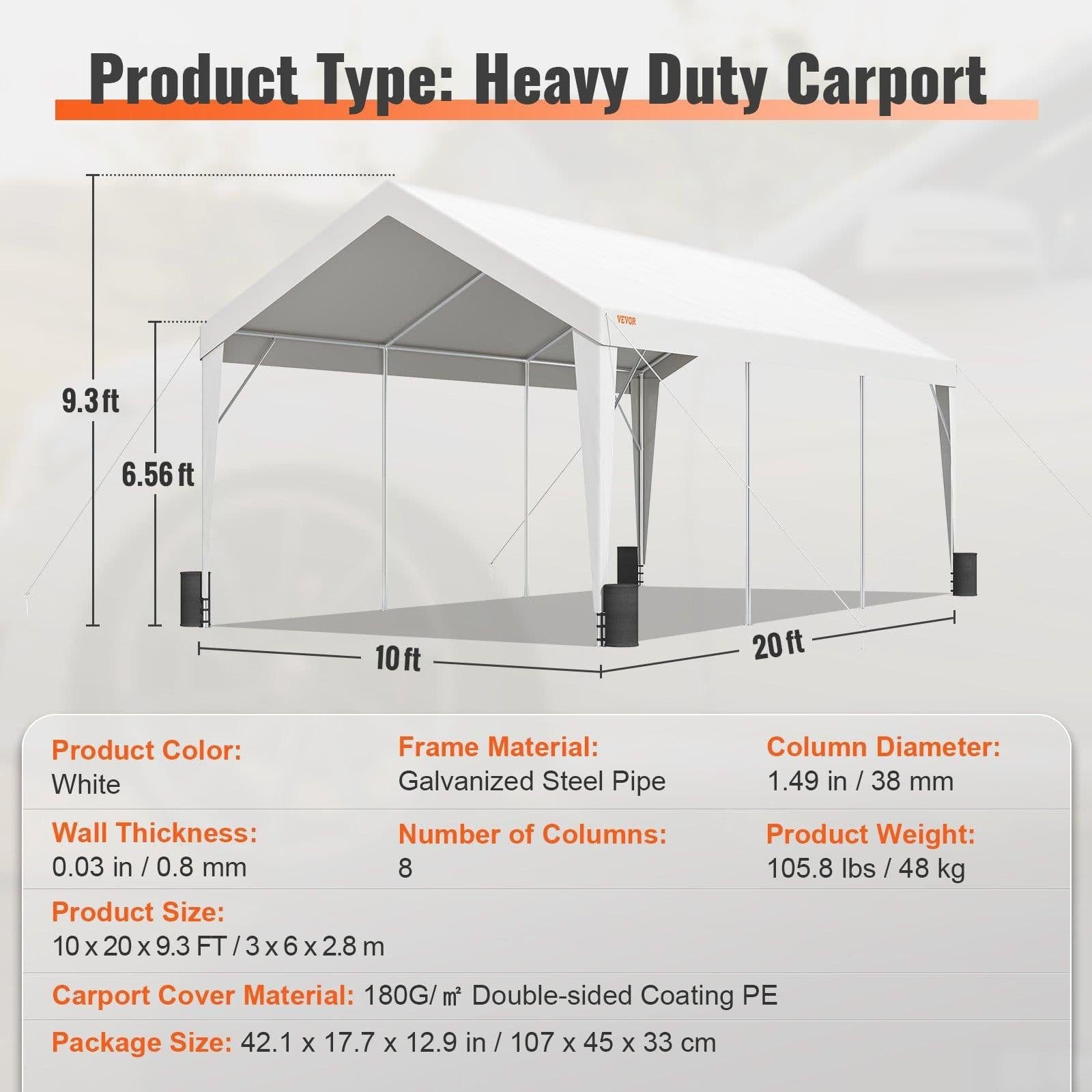 image-VEVOR Carport, 10x20 ft Heavy Duty Car Canopy Garage Boat Shelter Party Tent with 8 Reinforced Poles and 4 Weight Bags, UV Resistant Waterproof All-Season Tarp for SUV, F150, Car, Truck, Boat