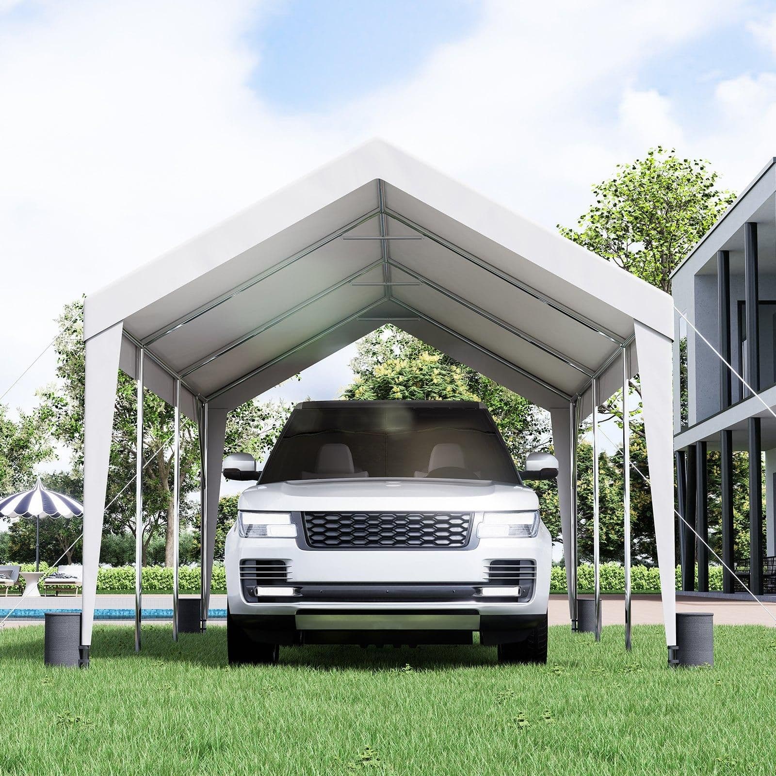 image-VEVOR Carport, 10x20 ft Heavy Duty Car Canopy Garage Boat Shelter Party Tent with 8 Reinforced Poles and 4 Weight Bags, UV Resistant Waterproof All-Season Tarp for SUV, F150, Car, Truck, Boat