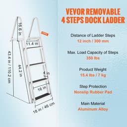 image-VEVOR Dock Ladder, Removable 4 Steps, 350 lbs Load Capacity, Aluminum Alloy Pontoon Boat Ladder with 4'' Wide Step & Nonslip Mat, Easy to Install for Ship/Lake/Pool/Marine Boarding