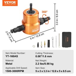 image-VEVOR Double Head Sheet Metal Nibbler Cutter, 360 Degree Metal Nibbler Drill Attachment with Extra Punch and Die, Cutting Hole Accessory and Step Drill Bit, for Straight Curve and Circle Cutting