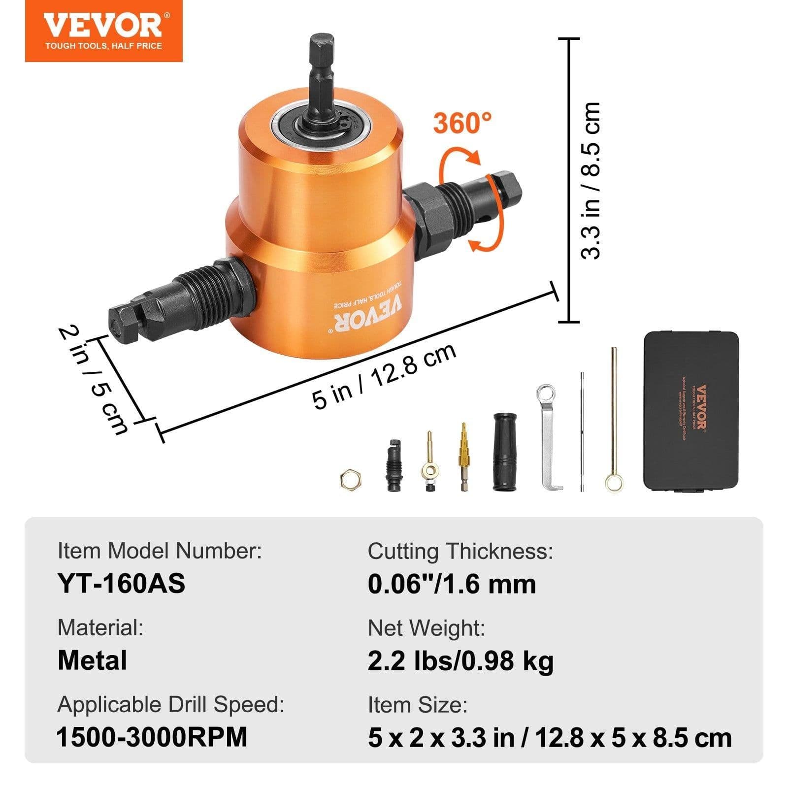 image-VEVOR Double Head Sheet Metal Nibbler Cutter, 360 Degree Metal Nibbler Drill Attachment with Extra Punch and Die, Cutting Hole Accessory and Step Drill Bit, for Straight Curve and Circle Cutting