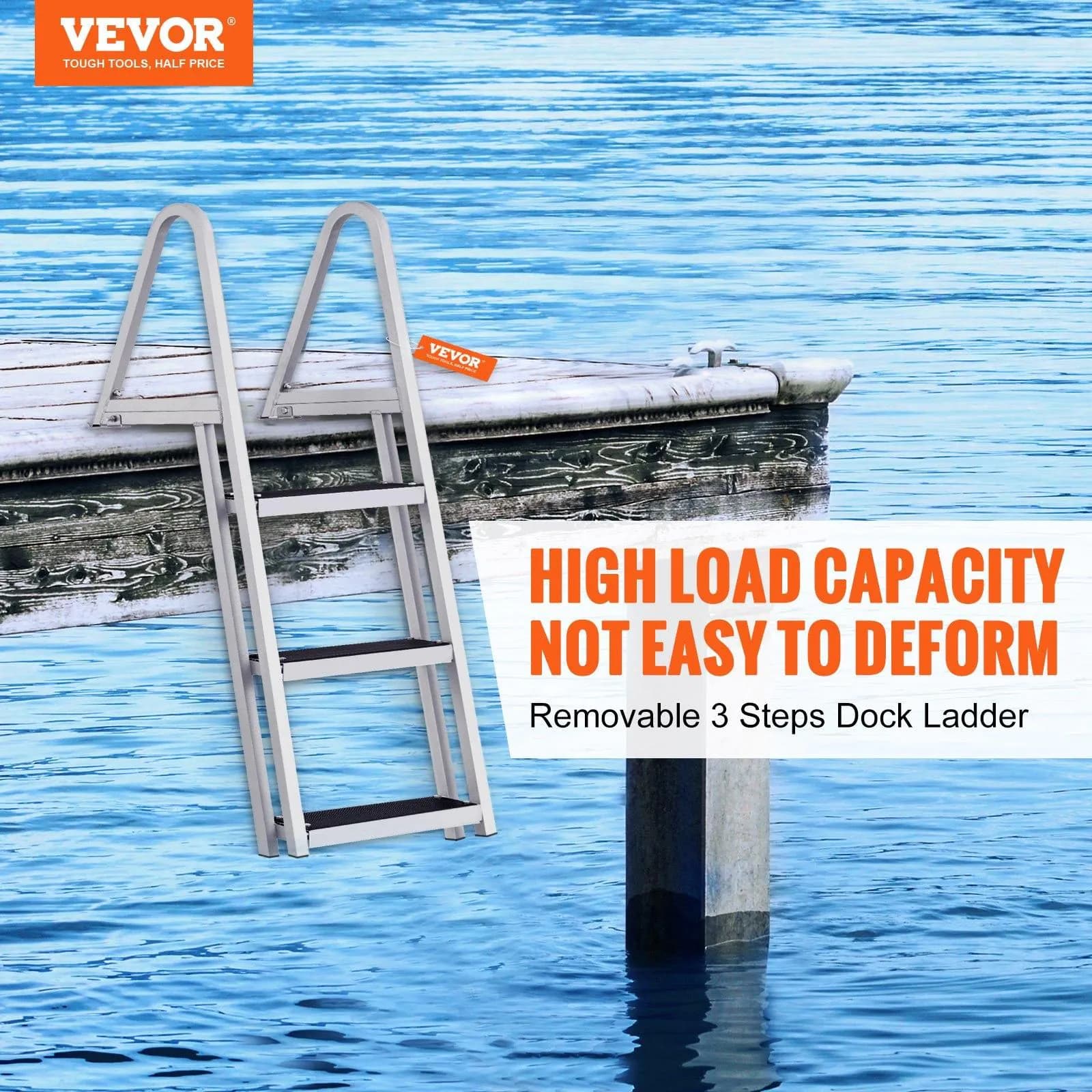 image-VEVOR Dock Ladder, Removable 3 Steps, 350 lbs Load Capacity, Aluminum Alloy Pontoon Boat Ladder with 4'' Wide Step & Nonslip Mat, Easy to Install for Ship/Lake/Pool/Marine Boarding