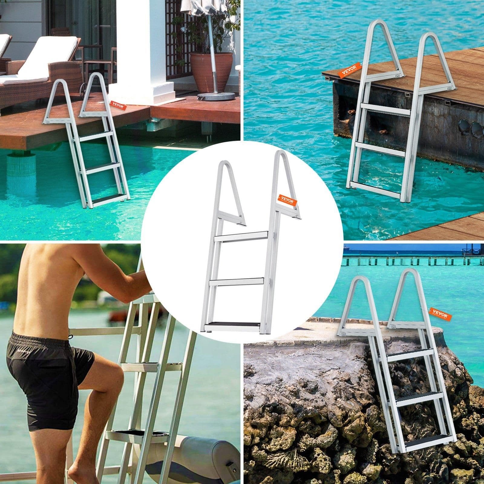 image-VEVOR Dock Ladder, Removable 3 Steps, 350 lbs Load Capacity, Aluminum Alloy Pontoon Boat Ladder with 4'' Wide Step & Nonslip Mat, Easy to Install for Ship/Lake/Pool/Marine Boarding