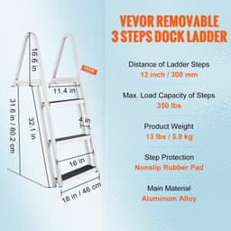 image-VEVOR Dock Ladder, Removable 3 Steps, 350 lbs Load Capacity, Aluminum Alloy Pontoon Boat Ladder with 4'' Wide Step & Nonslip Mat, Easy to Install for Ship/Lake/Pool/Marine Boarding