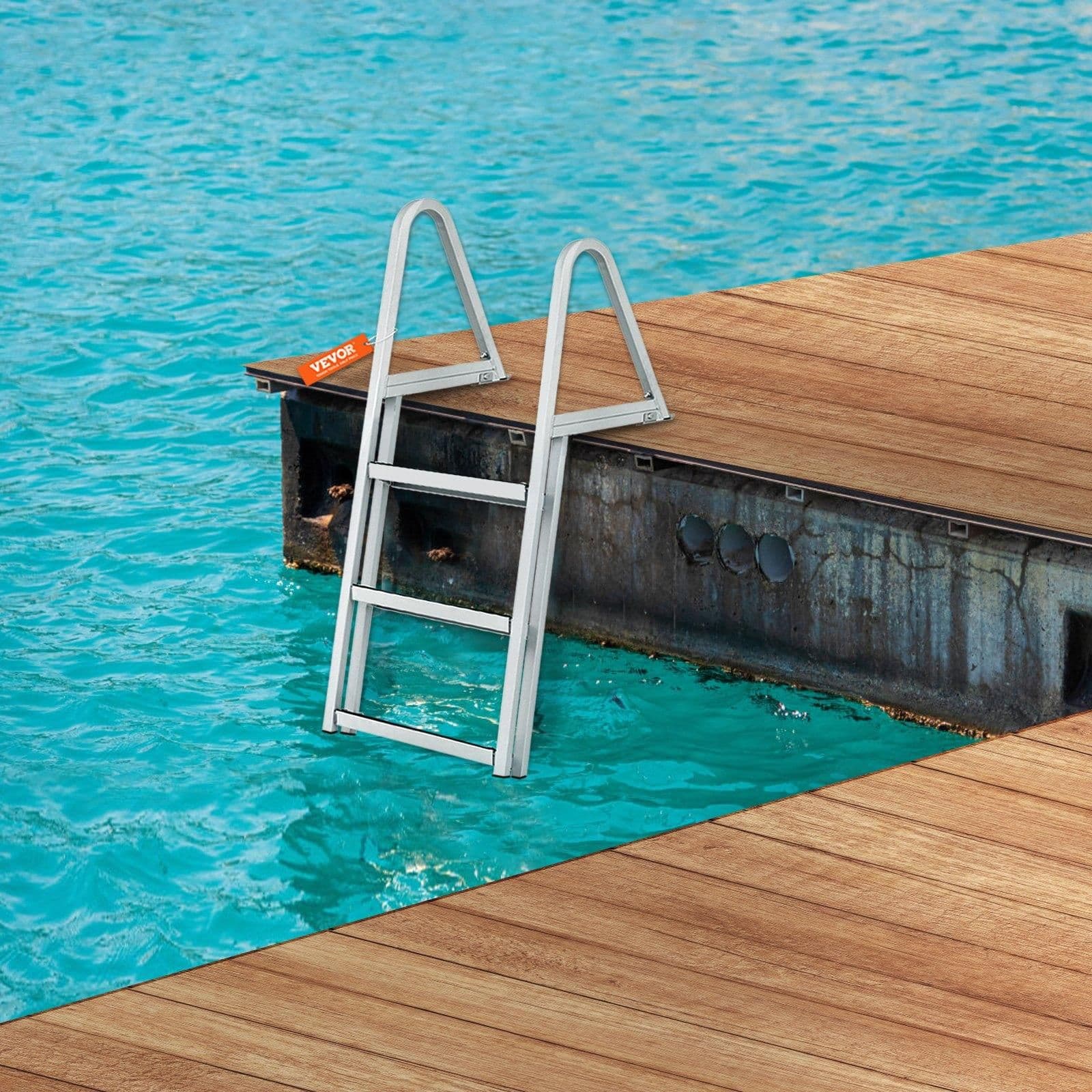 image-VEVOR Dock Ladder, Removable 3 Steps, 350 lbs Load Capacity, Aluminum Alloy Pontoon Boat Ladder with 4'' Wide Step & Nonslip Mat, Easy to Install for Ship/Lake/Pool/Marine Boarding