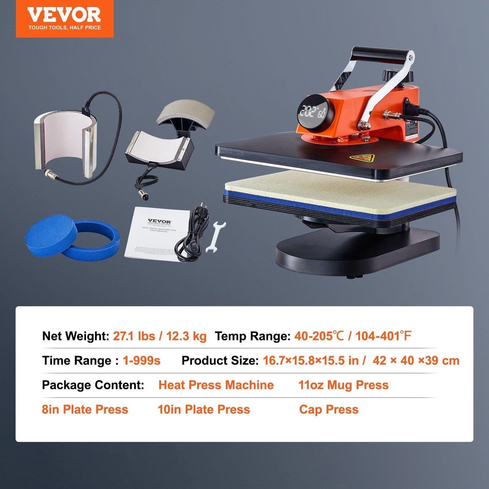 image-VEVOR 5-in-1 Heat Press Machine, 12" x 15" Fast Heating, 360 Swing Away Digital Sublimation Transfer, T-Shirt Vinyl Transfer Printer for Banners Canvas Bag Shirts Pillow Cups Caps Plates