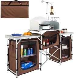 image-VEVOR Camping Kitchen Table, Folding Outdoor Cooking Table with Storage Carrying Bag, Aluminum Cook Station 3 Cupboard & Detachable Windscreen, Quick Set-up for Picnics, BBQ, RV Traveling, Brown
