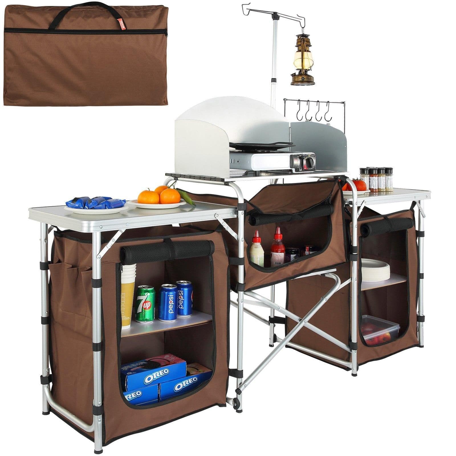 image-VEVOR Camping Kitchen Table, Folding Outdoor Cooking Table with Storage Carrying Bag, Aluminum Cook Station 3 Cupboard & Detachable Windscreen, Quick Set-up for Picnics, BBQ, RV Traveling, Brown