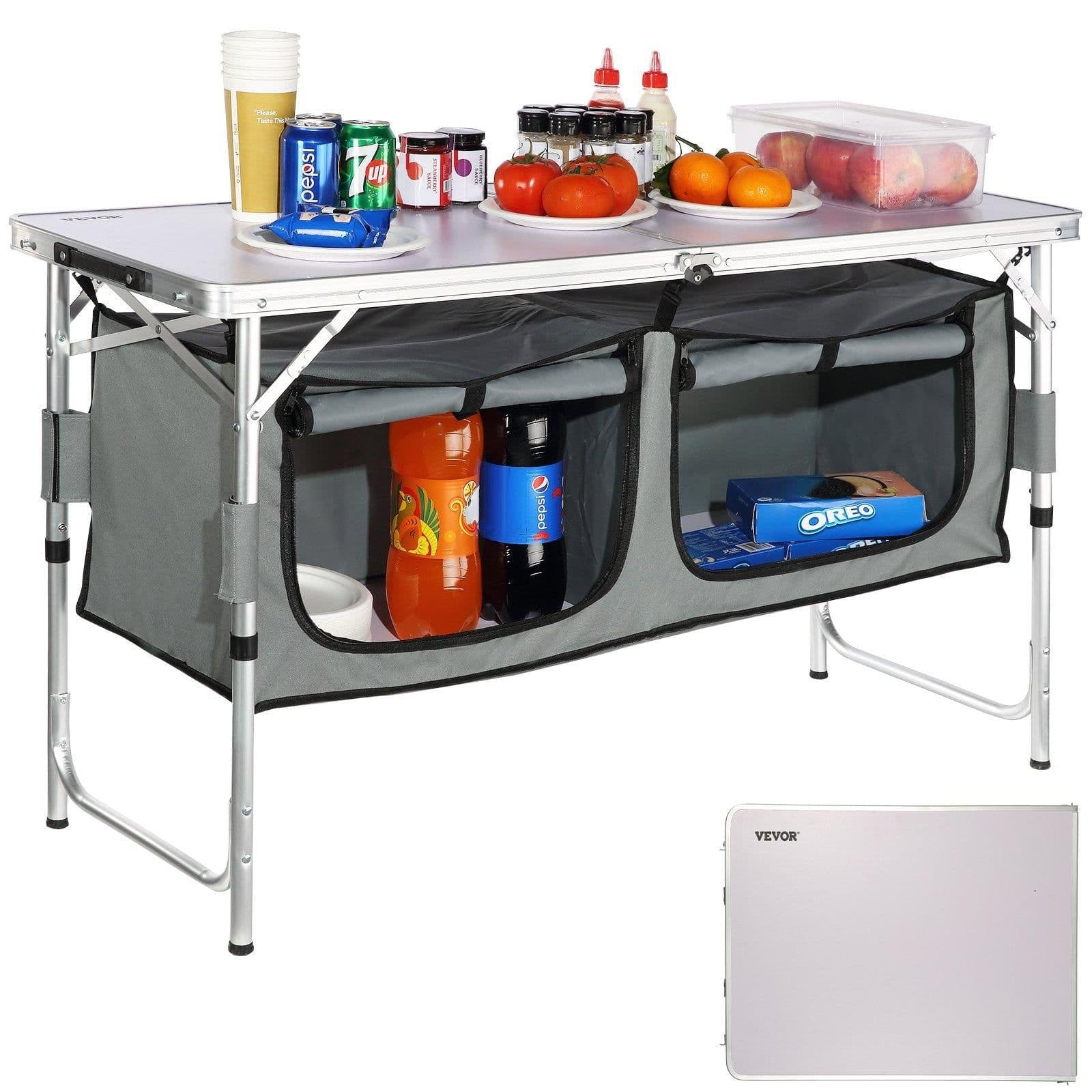 image-VEVOR Camping Kitchen Table, Quick set-up Folding Camping Table with A Carrying Bag, 3 Adjustable Heights, MDF Camping Table, Ideal for Outdoor Picnics, BBQs, Camping, RV Traveling
